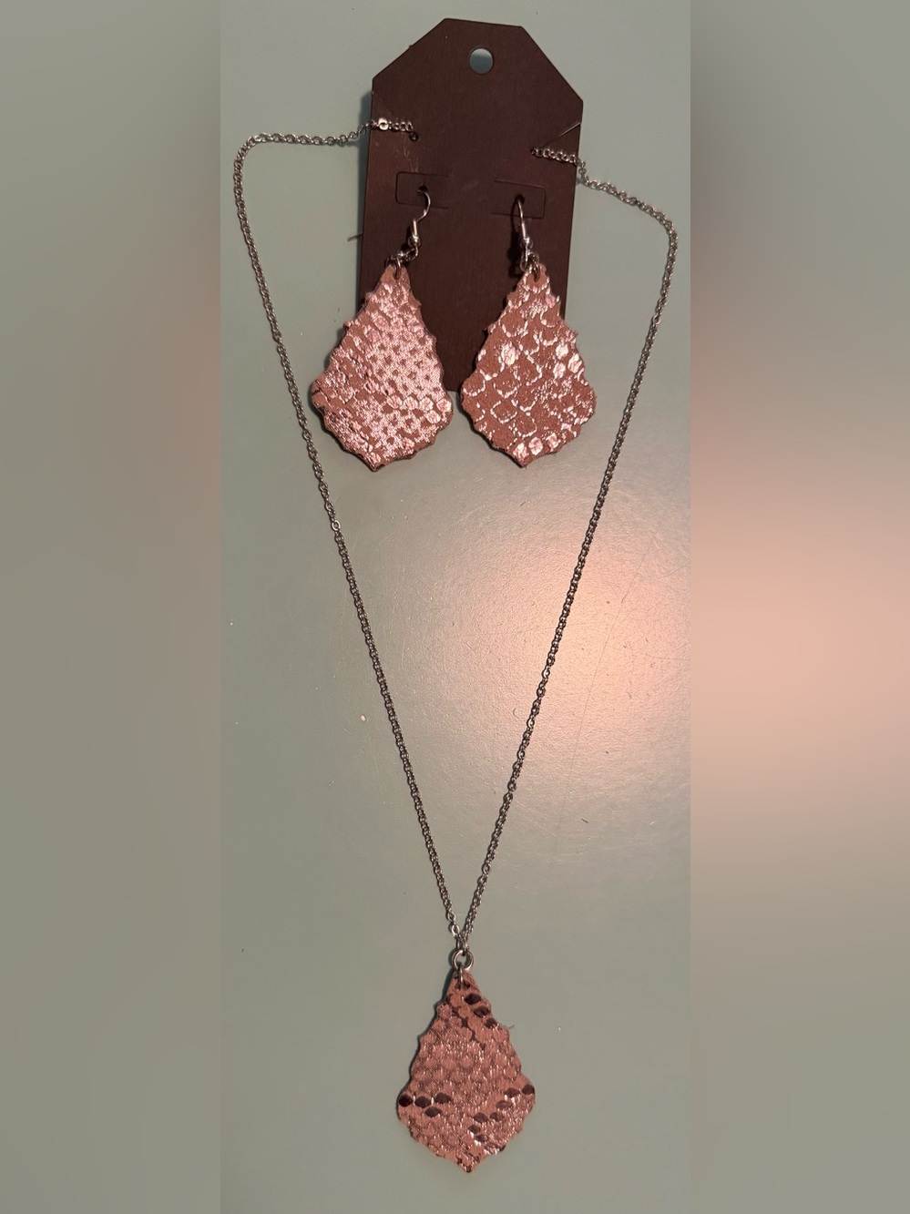 Silver and Tan Scalloped Suede Snakeskin Print Necklace & Drop Earring Set